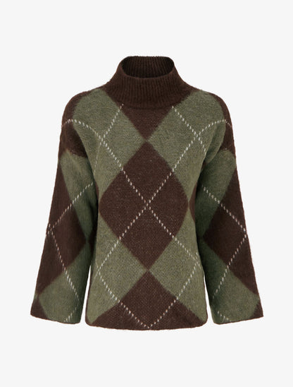 Pull à col montant et motif carreaux en mohair mélangé - Kaki - 1