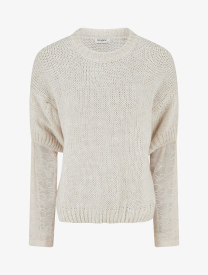 Pull uni à manches longues bimatière - Beige - 1