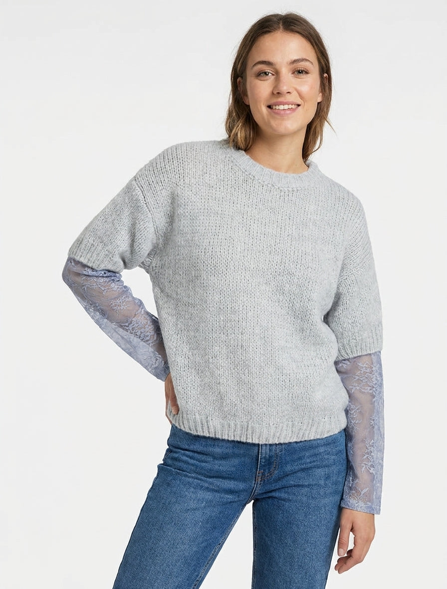Unifarbener Pullover mit langen Ärmeln aus zwei Materialien - Grau