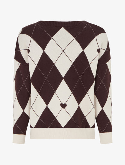 Pull à col V motif carreaux et coeur - Marron/beige - 2