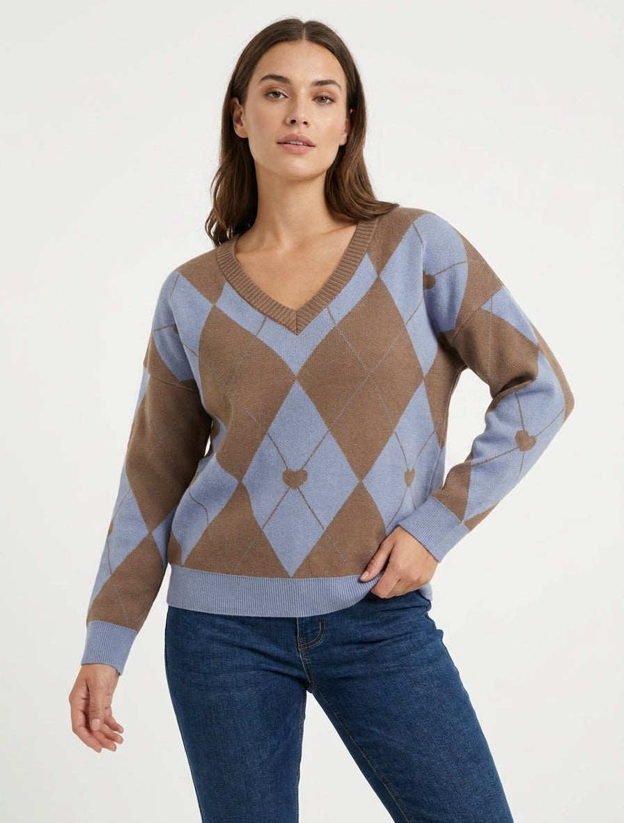 V-Ausschnitt Pullover mit Karomuster und Herz - Braun/Blau