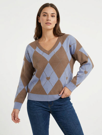 V-Ausschnitt Pullover mit Karomuster und Herz - Braun/Blau