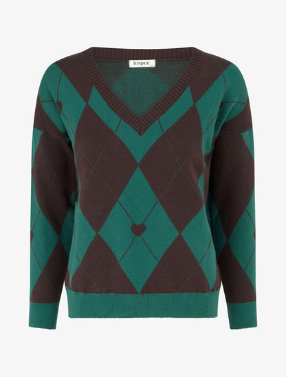 Pull à col V motif carreaux et coeur - Marron/vert foncé - 1