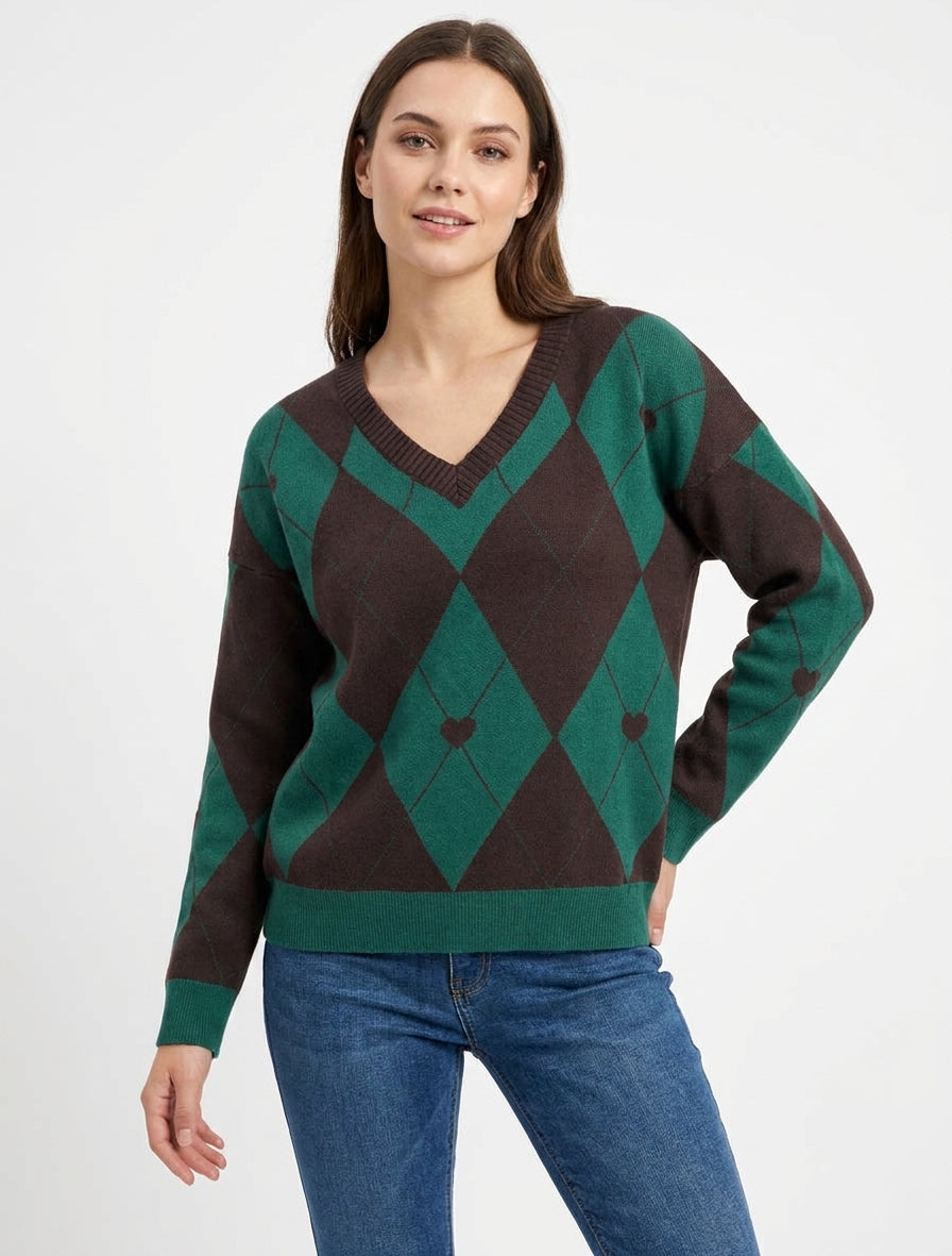 V-Ausschnitt Pullover mit Karomuster und Herz - Dunkelbraun/dunkelgrün