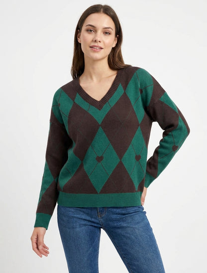 V-Ausschnitt Pullover mit Karomuster und Herz - Dunkelbraun/dunkelgrün