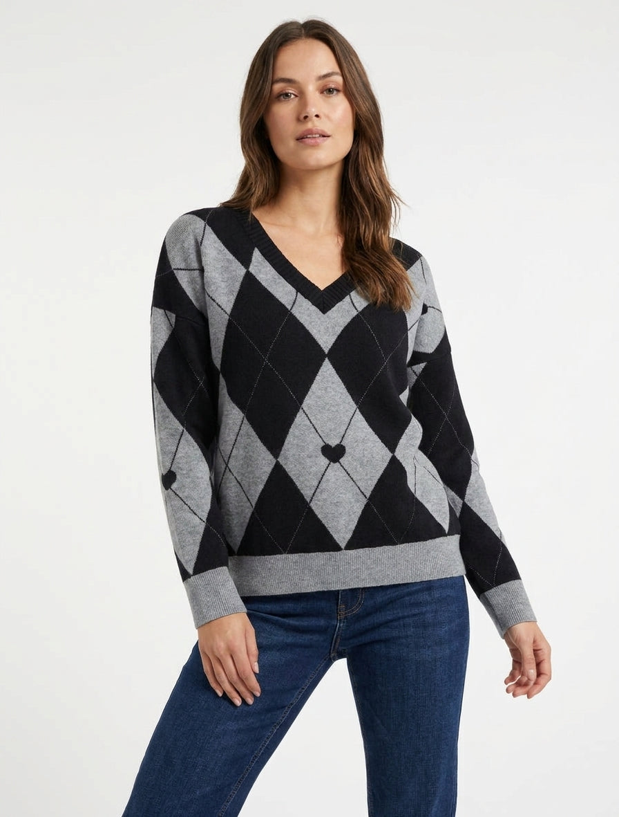 V-Ausschnitt Pullover mit Karomuster und Herz - Schwarz/Grau