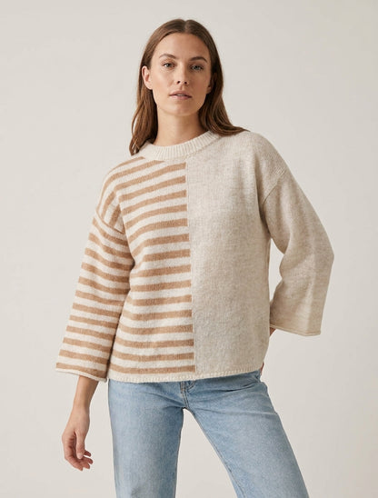 Pullover aus Mohair-Mischung mit Streifen und Rundhalsausschnitt - Beige