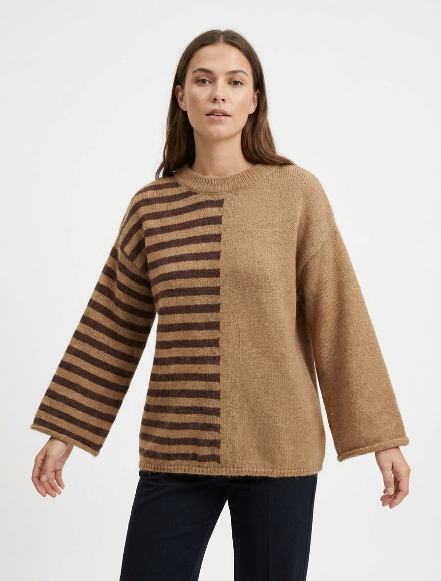 Pullover aus Mohair-Mischung mit Streifen und Rundhalsausschnitt - Kamel