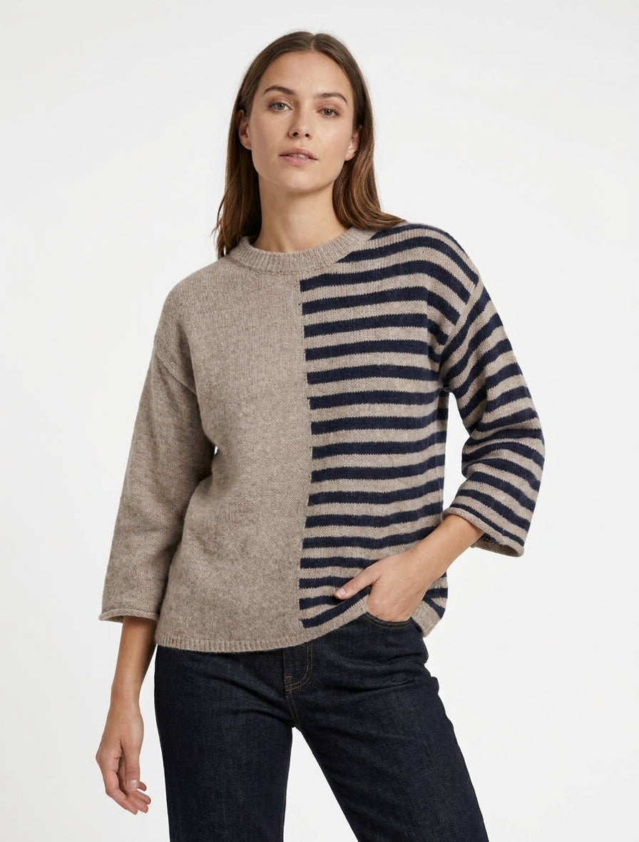 Pullover aus Mohair-Mischung mit Streifen und Rundhalsausschnitt - Maulwurf