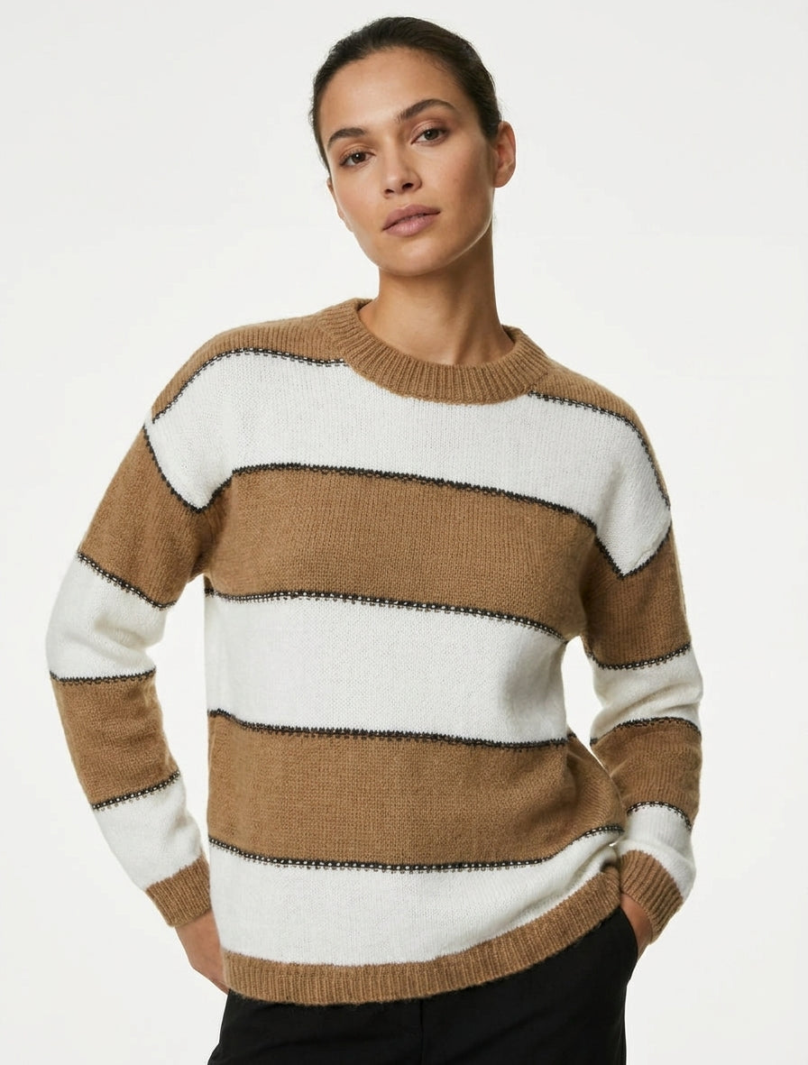 Pullover mit dreifarbigen Streifen aus Mohair-Mischung - Kamel