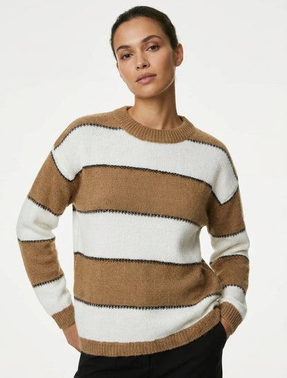 Pullover mit dreifarbigen Streifen aus Mohair-Mischung - Kamel