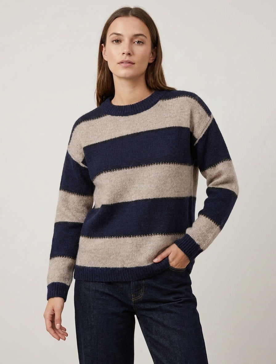 Pullover mit dreifarbigen Streifen aus Mohair-Mischung - Marine