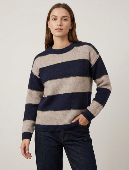 Pullover mit dreifarbigen Streifen aus Mohair-Mischung - Marine