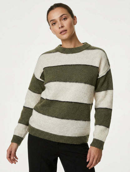 Pullover mit dreifarbigen Streifen aus Mohair-Mischung - Kaki