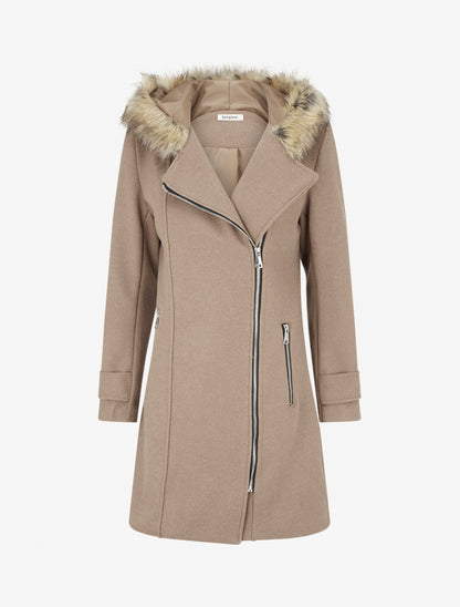 Manteau long à zip asymétrique avec fourrure sur la capuche - Beige - 1