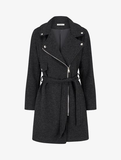 Manteau long à zip asymétrique ceinturé à la taille - Gris foncé - 1