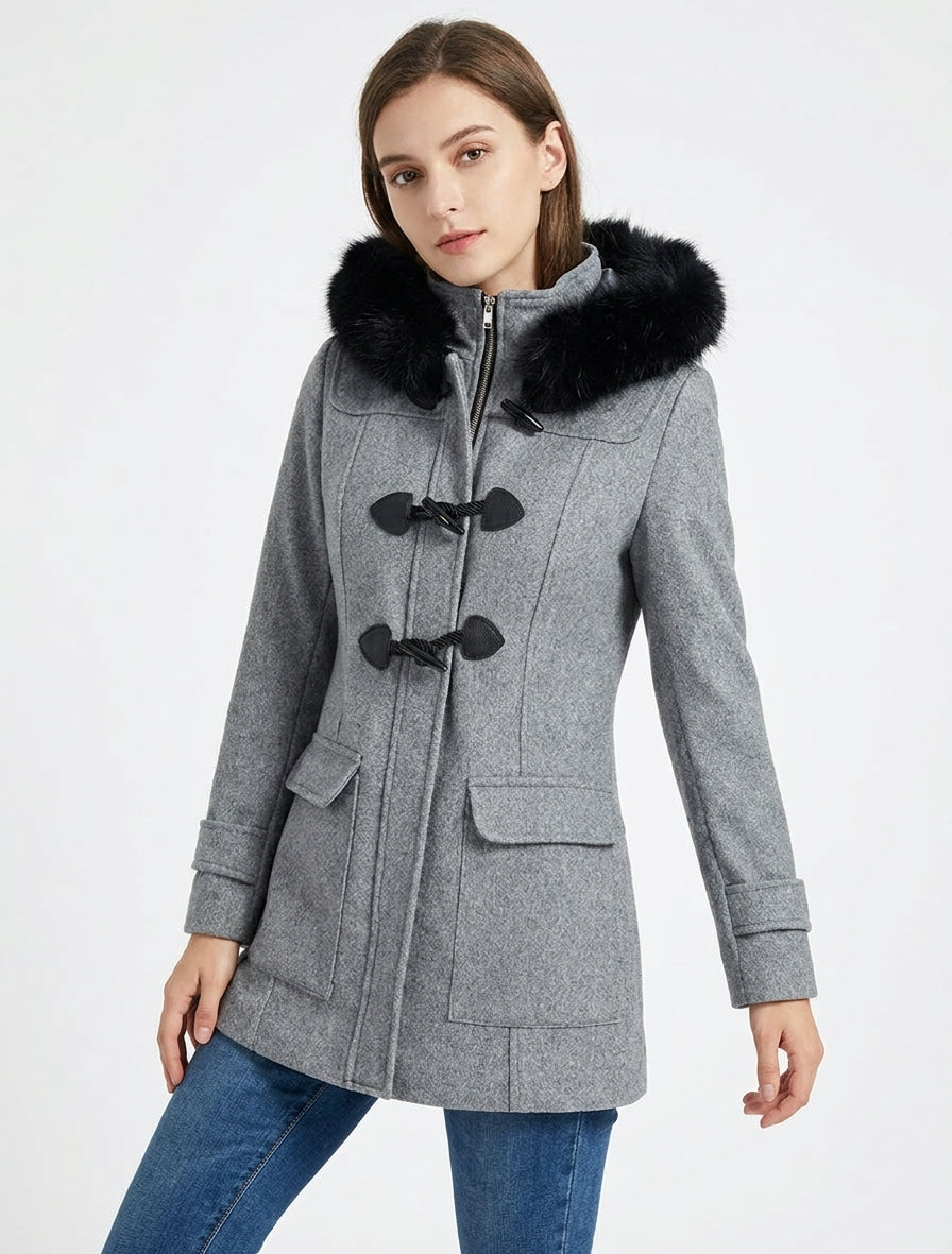 Einfarbiger Dufflecoat mit Kapuze - Grau