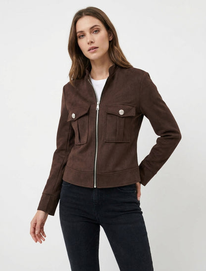 Reißverschlussjacke aus Wildlederimitat mit Klappentasche - Braun