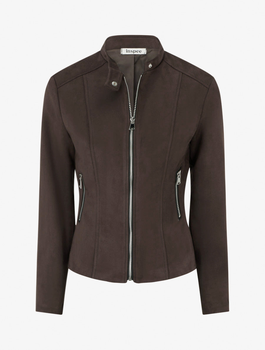 Jacke aus Wildlederimitat mit Stehkragen und Reißverschluss - Braun