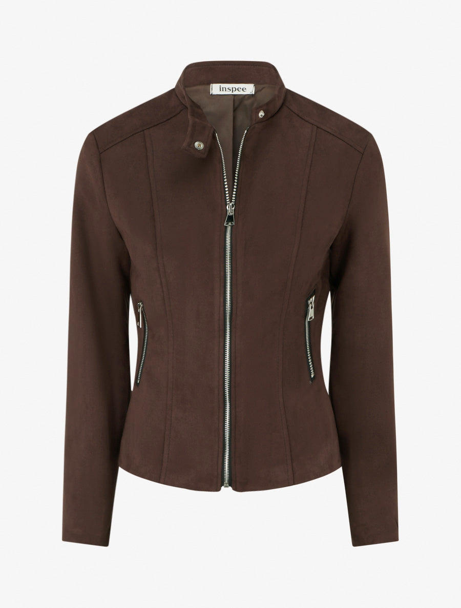 Veste en suédine à col montant et zip - Marron - 1