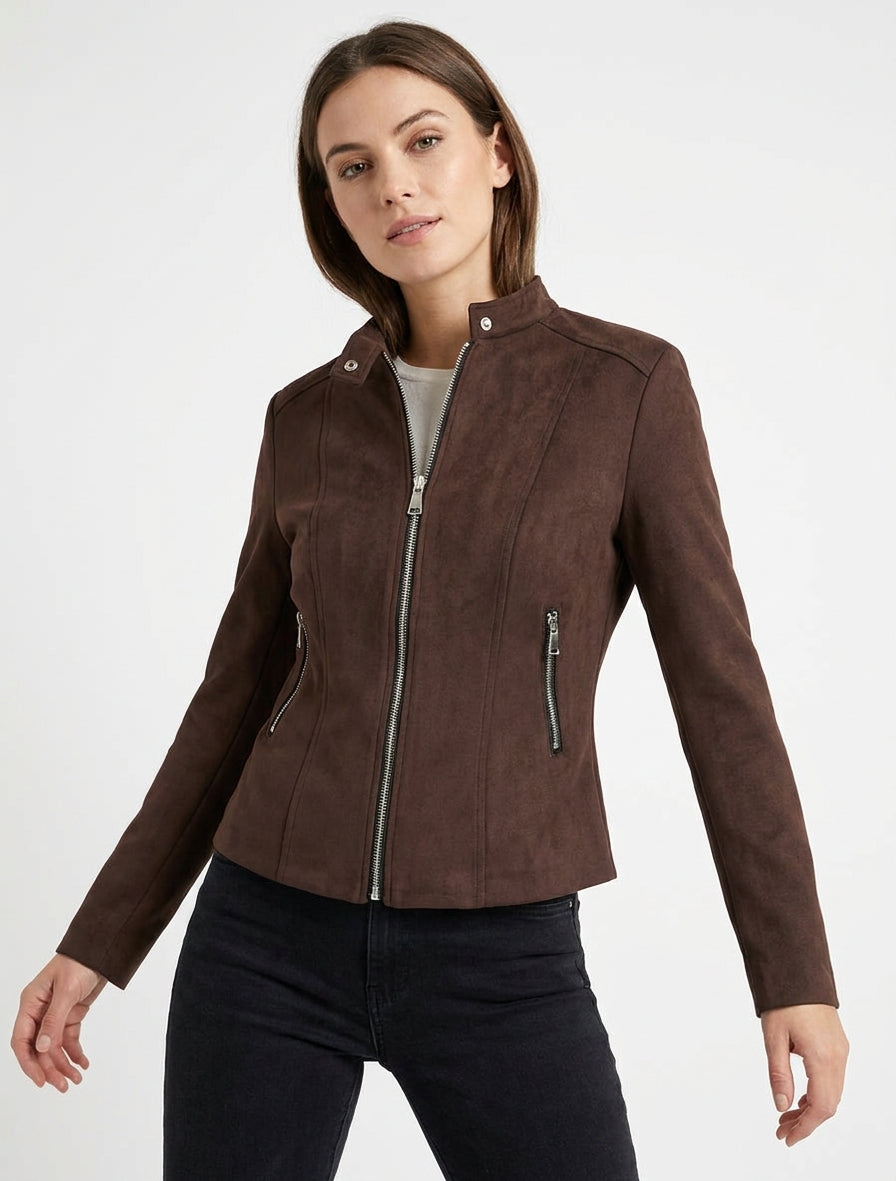 Jacke aus Wildlederimitat mit Stehkragen und Reißverschluss - Braun