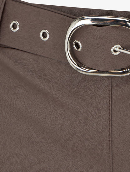Pantalon droit uni en simili - Marron - 3