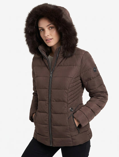 Daunenjacke mit Fellkapuze - Braun