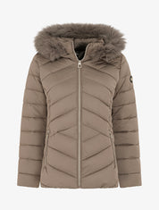 Doudoune coupe cintrée à capuche amovible ornée de fourrure - Taupe - 1