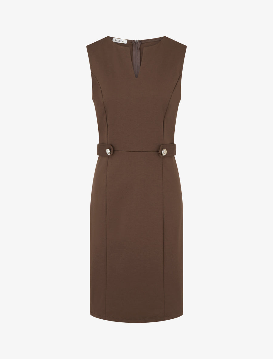 Robe sans manches droite boutons décoratifs - Marron - 1
