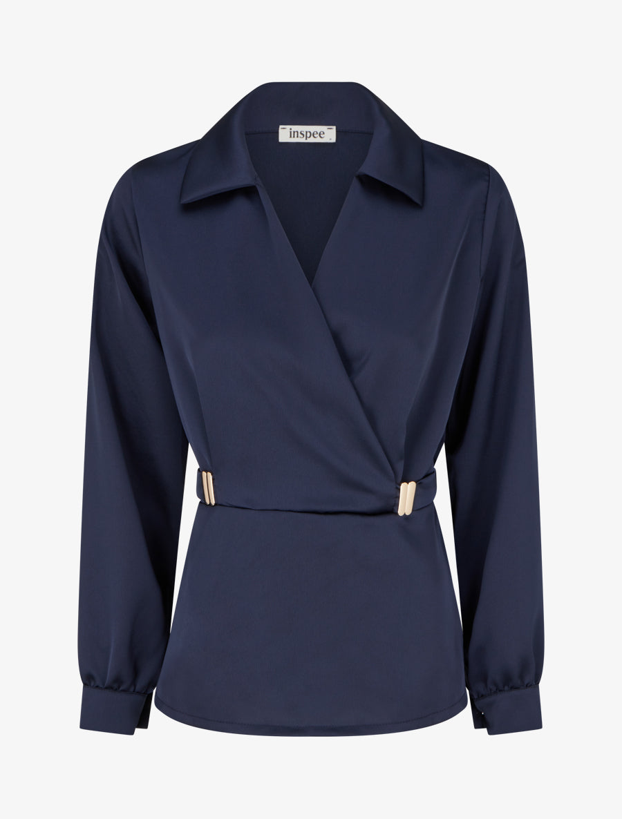 Blouse satinée à taille élastiquée - Marine - 1