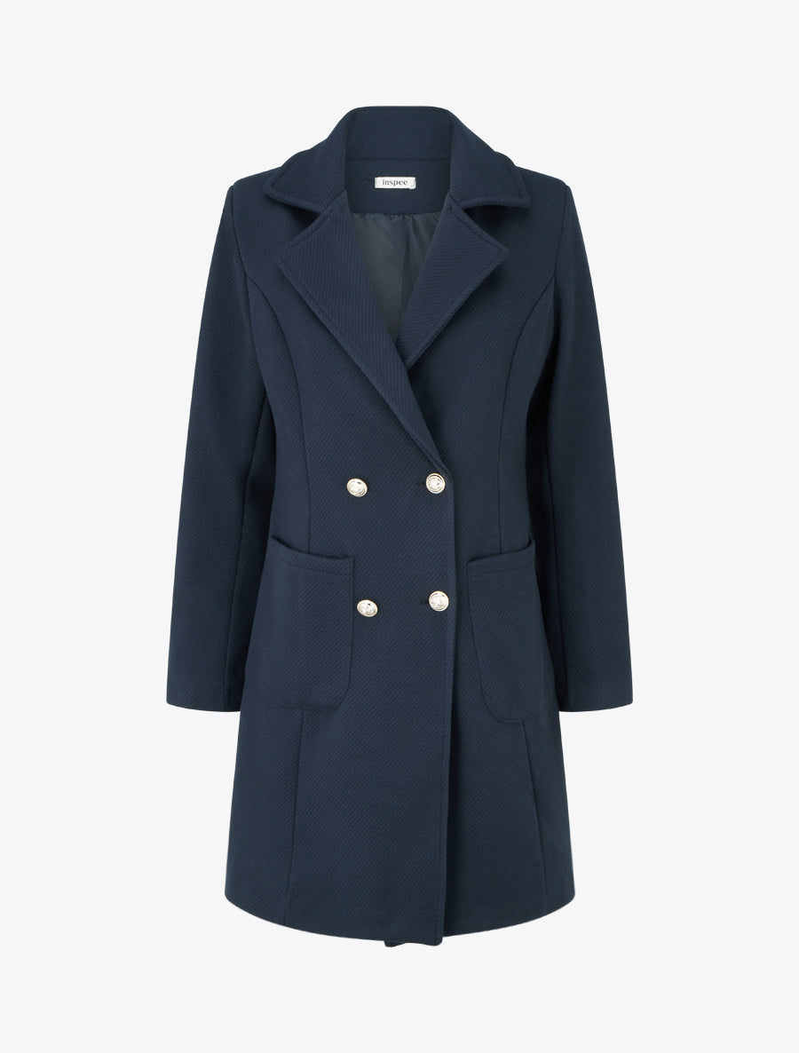 Manteau en laine mélangée à poches plaquées - Marine - 1