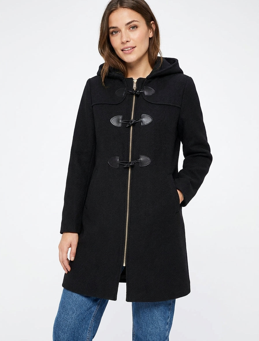 Einfarbiger Dufflecoat mit Kapuze - Schwarz