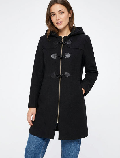Einfarbiger Dufflecoat mit Kapuze - Schwarz