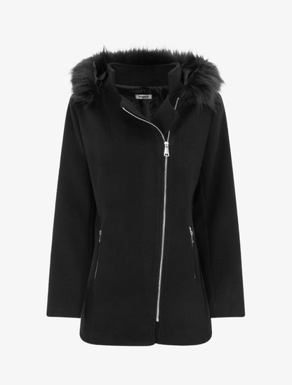 Manteau mi-long à zip asymétrique et capuche en fourrure - Noir - 1