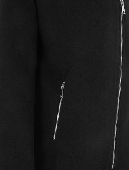 Manteau mi-long à zip asymétrique et capuche en fourrure - Noir - 3
