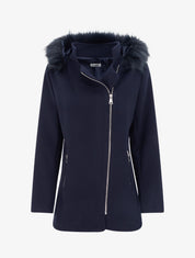 Manteau mi-long à zip asymétrique et capuche en fourrure - Marine - 1