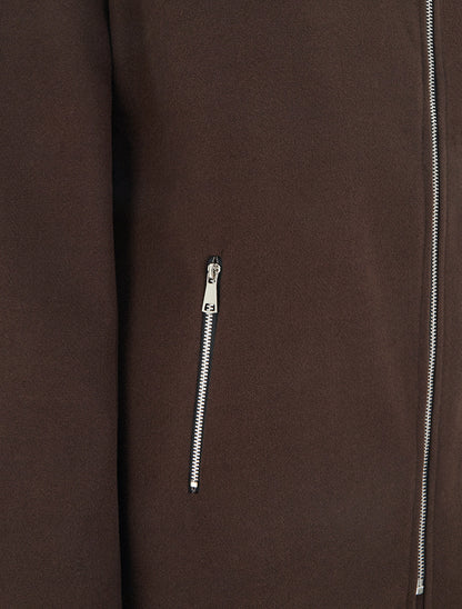 Manteau mi-long à zip asymétrique et capuche en fourrure - Marron - 3