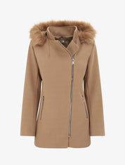 Manteau mi-long à zip asymétrique et capuche en fourrure - Camel - 1