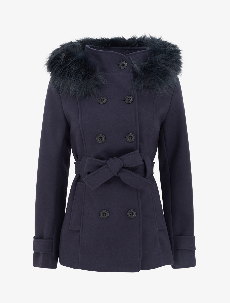Manteau ceinturé à fermeture croisé et capuche amovible - Marine - 1