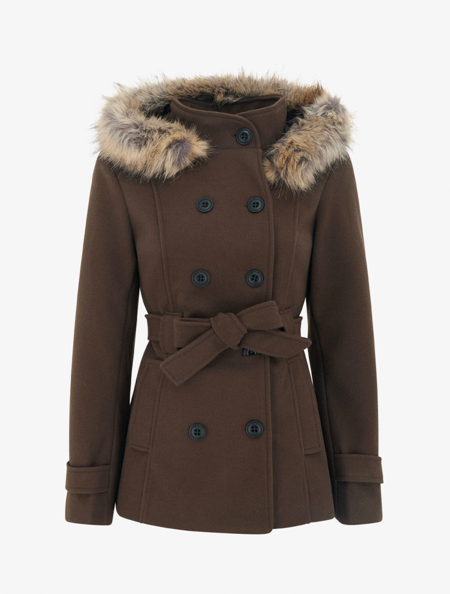 Manteau ceinturé à fermeture croisé et capuche amovible - Chocolat - 1