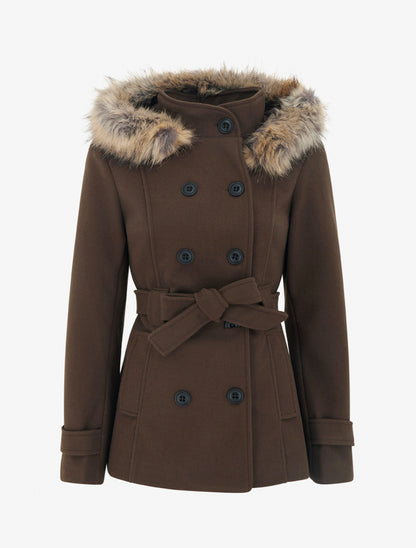 Manteau ceinturé à fermeture croisé et capuche amovible - Chocolat - 1