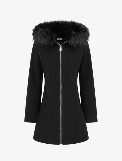 Manteau long à capuche ornée de fourrure synthétique - Noir - 1