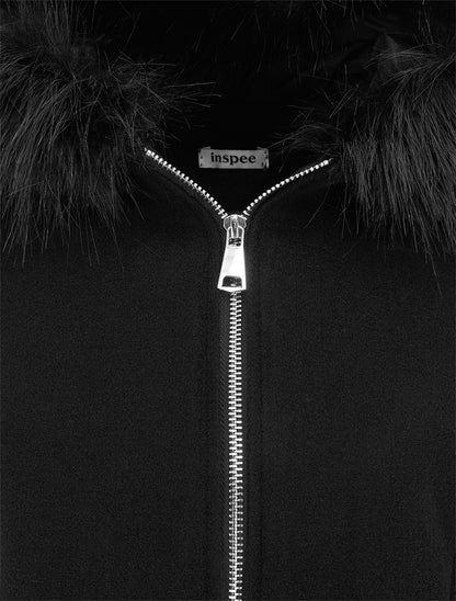 Manteau long à capuche ornée de fourrure synthétique - Noir - 3