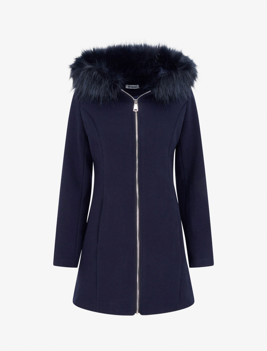 Manteau long à capuche ornée de fourrure synthétique - Marine - 1