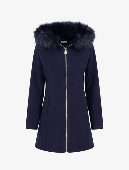 Manteau long à capuche ornée de fourrure synthétique - Marine - 1