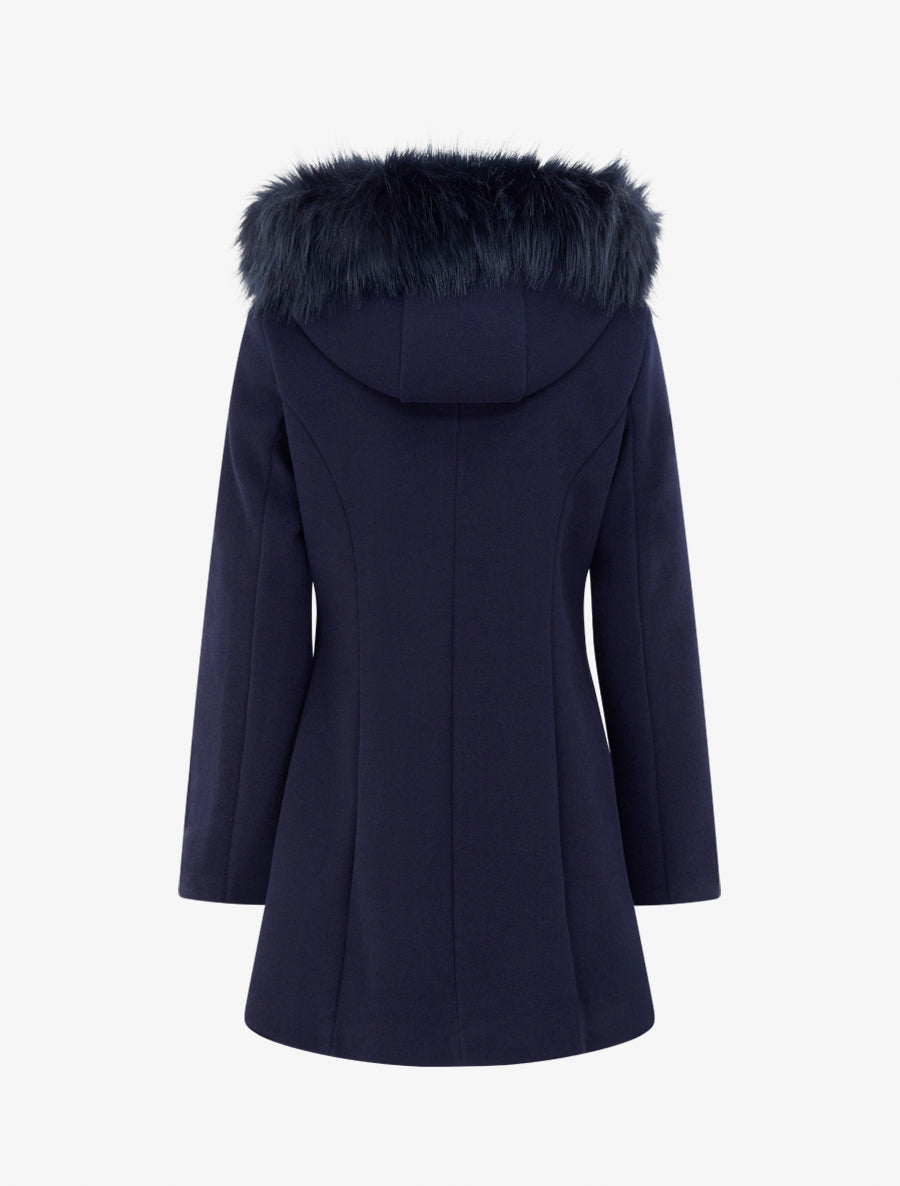 Manteau long à capuche ornée de fourrure synthétique - Marine - 2