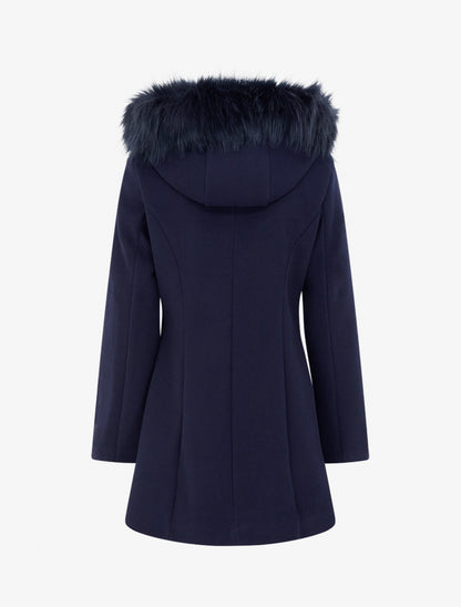 Manteau long à capuche ornée de fourrure synthétique - Marine - 2