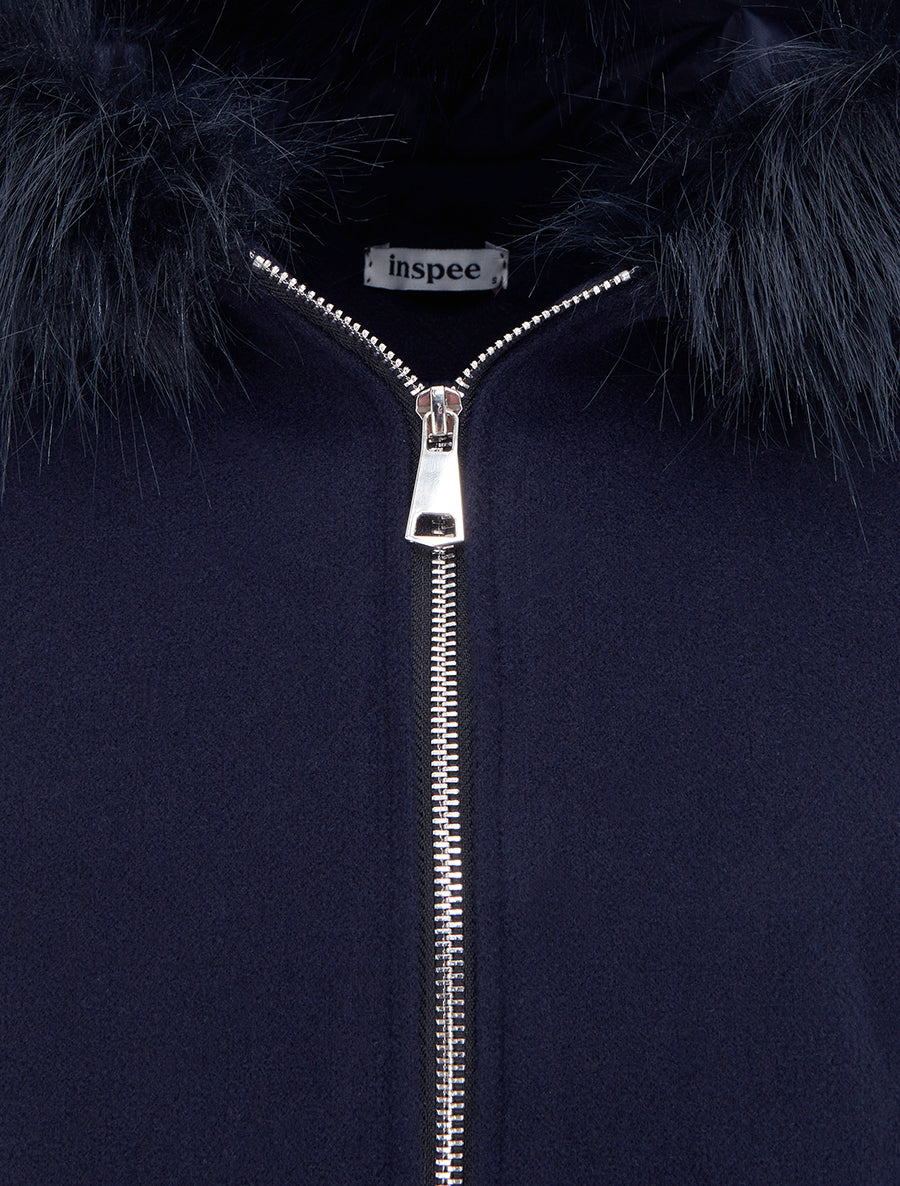 Manteau long à capuche ornée de fourrure synthétique - Marine - 3