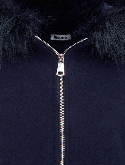 Manteau long à capuche ornée de fourrure synthétique - Marine - 3