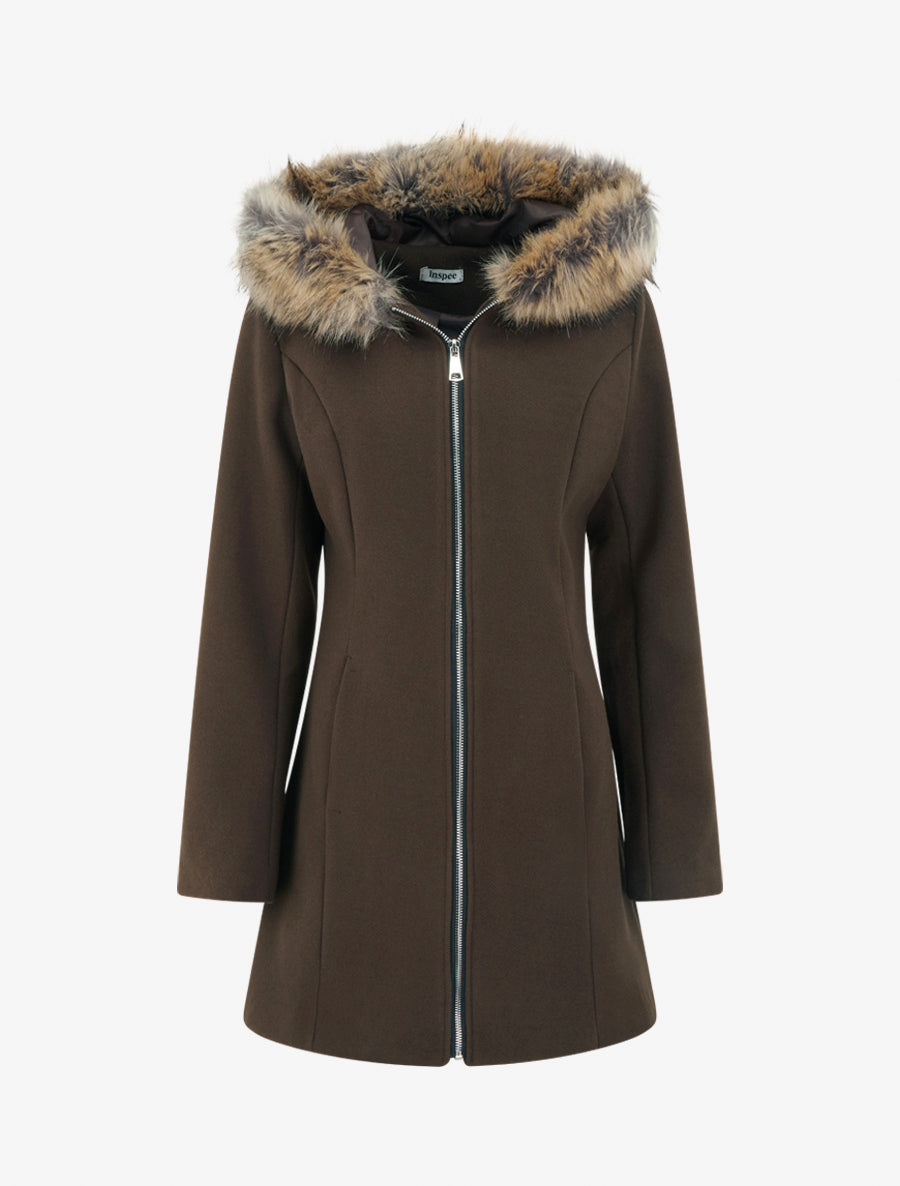 Manteau long à capuche ornée de fourrure synthétique - Marron - 1